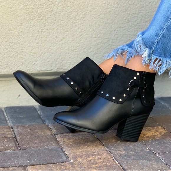 Black Ankle Studded Folded Cuff Block Heel Bootie